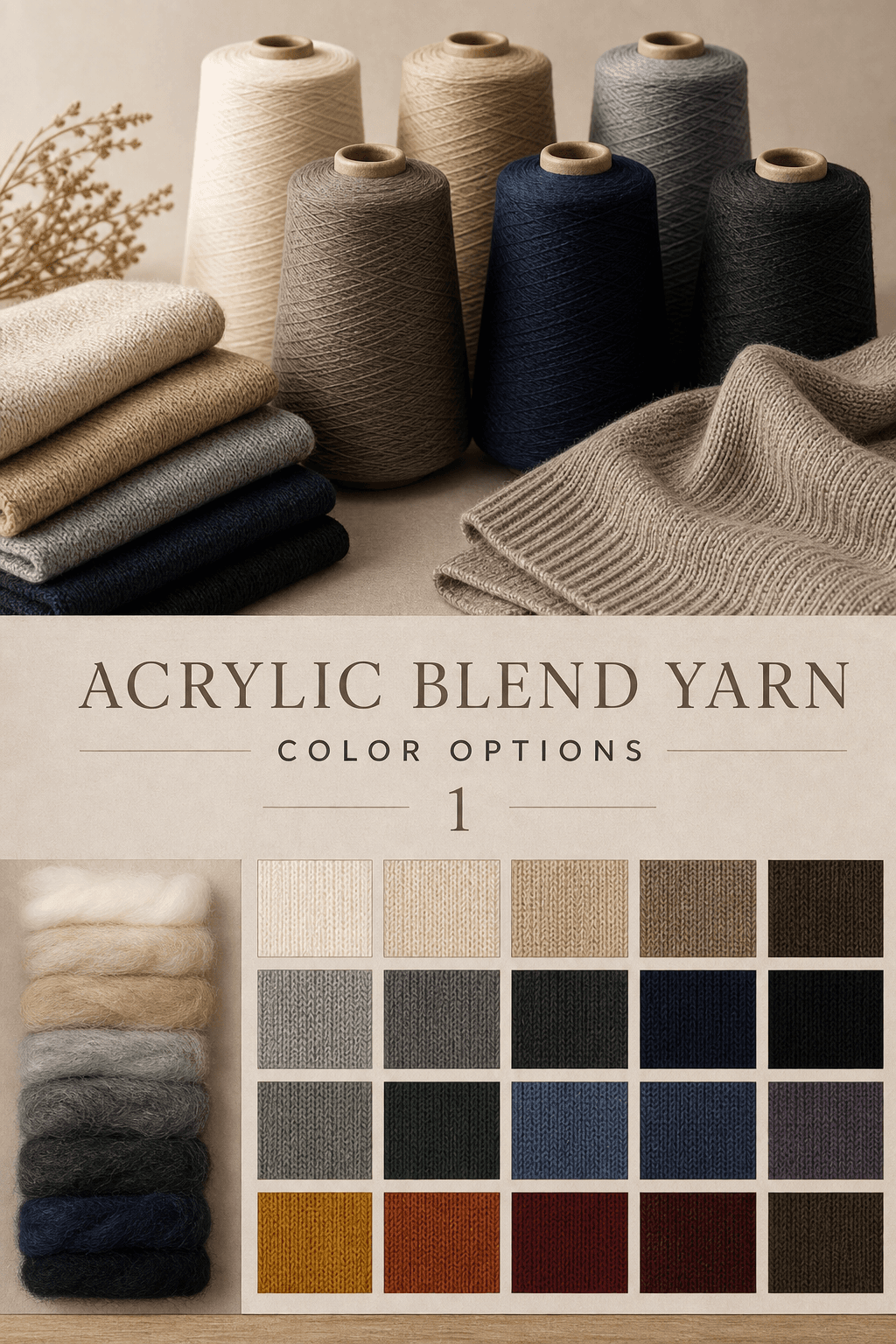 Acrylic blend yarn colour options catalogue cover with commercial knit swatches and yarn cones