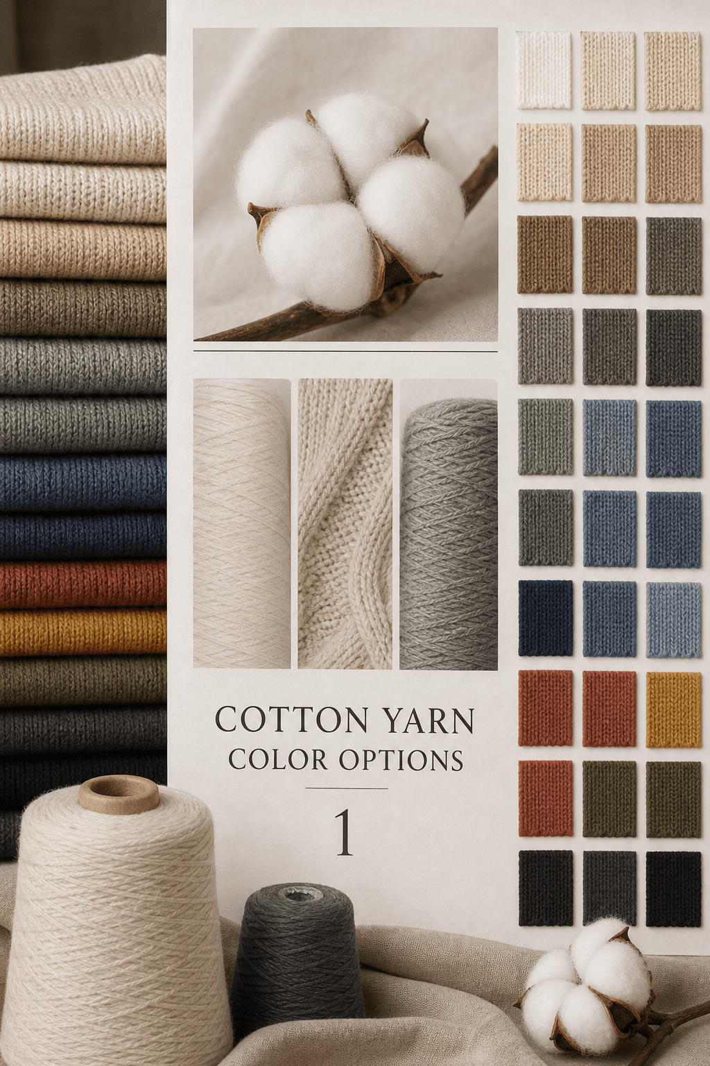 Cotton yarn colour options catalogue cover with cotton swatches and yarn cones