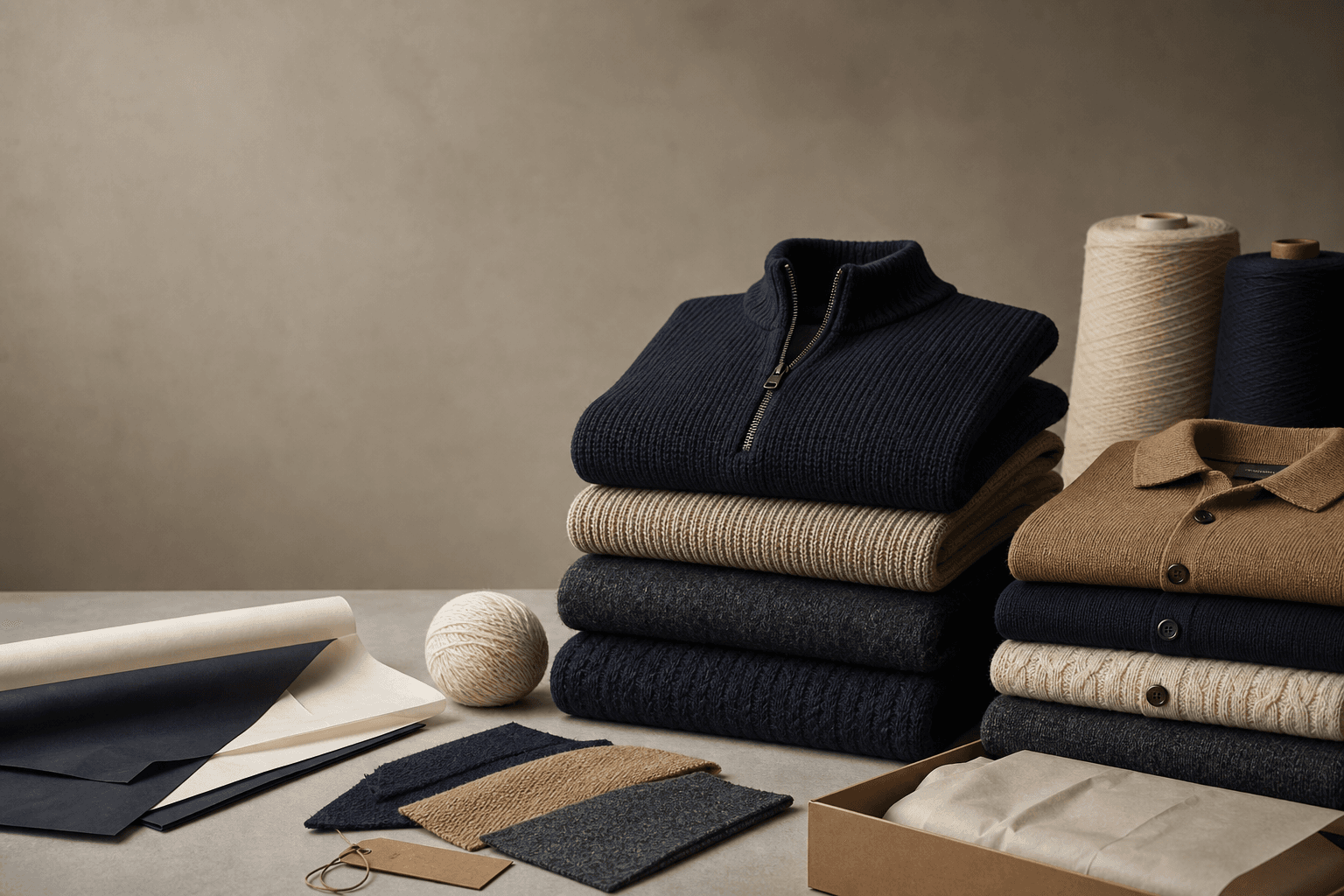Premium folded men's knitwear collection with yarn and packing materials.