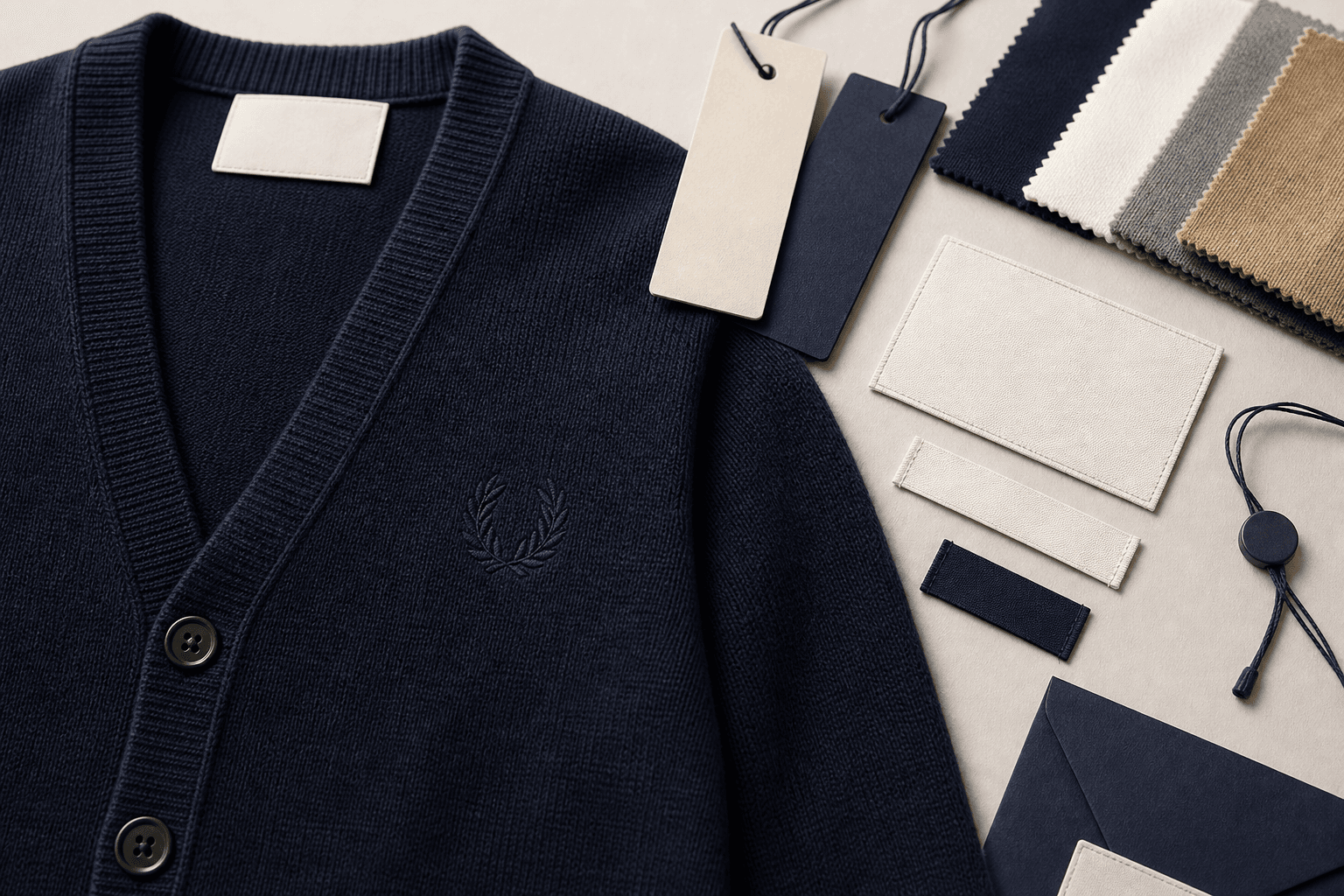 Embroidery and branding knitwear detail with labels, trims and swatches.