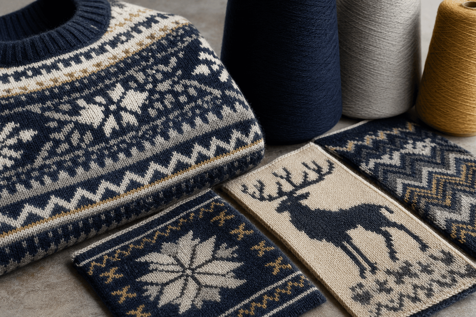 Jacquard and intarsia knitwear pattern swatches for custom knitwear programs.