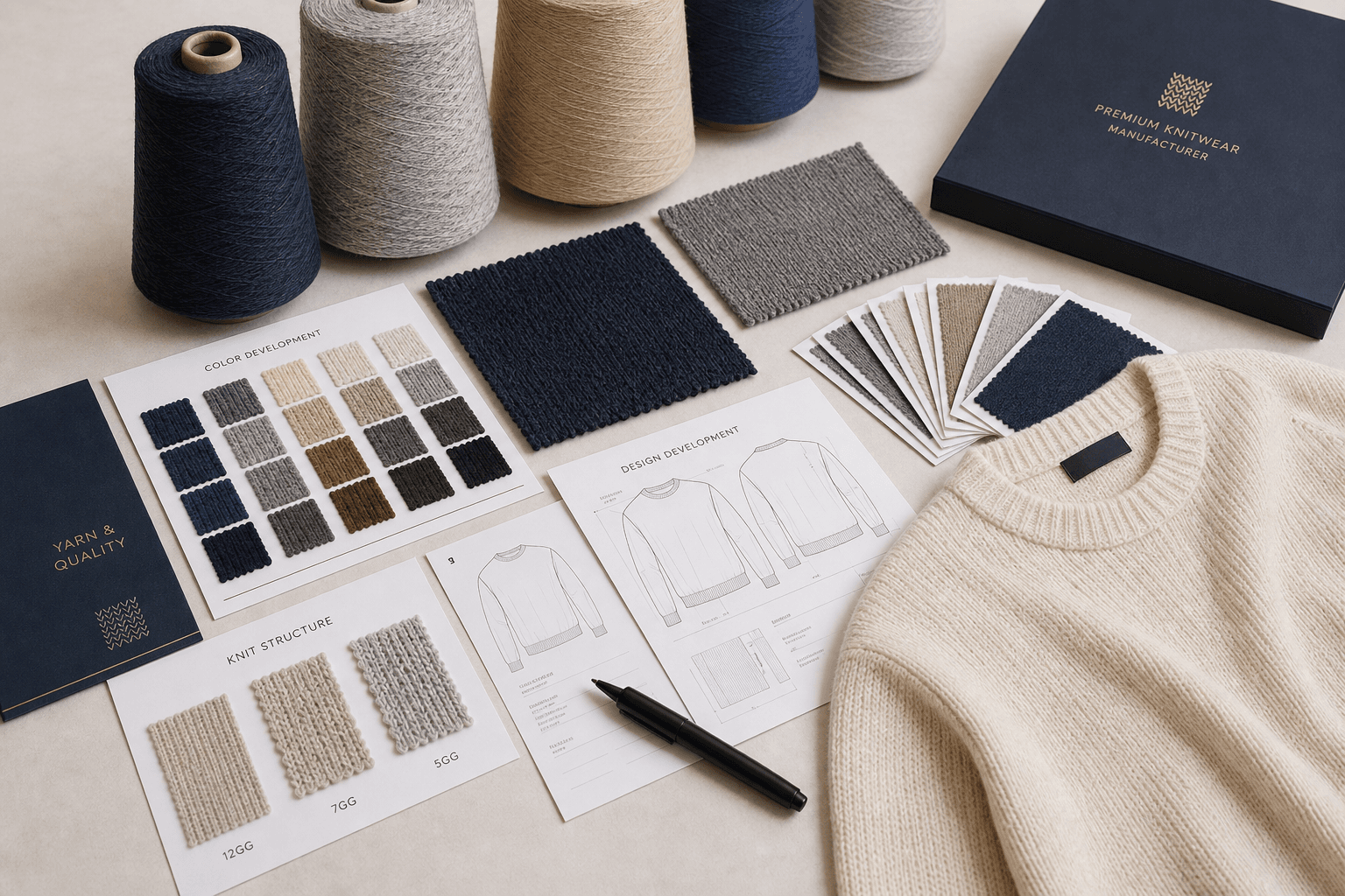 Custom knitwear development image with yarn, swatches, sketches and sweater sample.