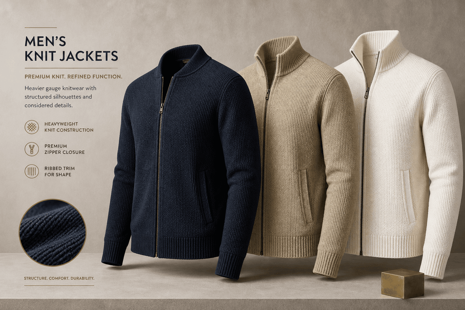 Men's knit jacket category image with zip details and heavier gauge knit texture.