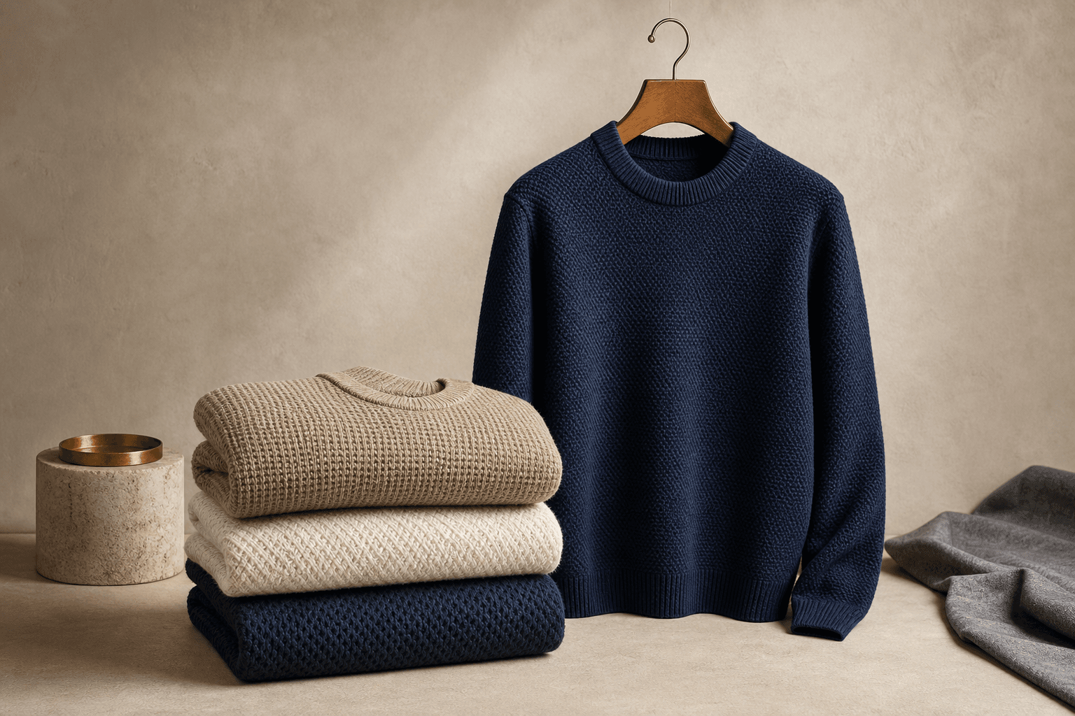 Men's sweater category image with folded premium knitwear and visible textile texture.