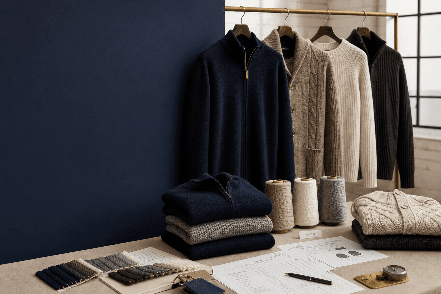 Premium knitwear factory profile hero with folded sweaters and yarn materials.