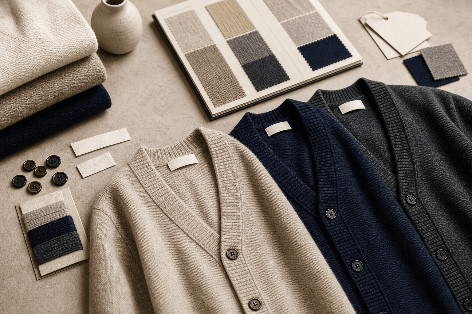 Heritage cardigan collection development scene with refined menswear layering.