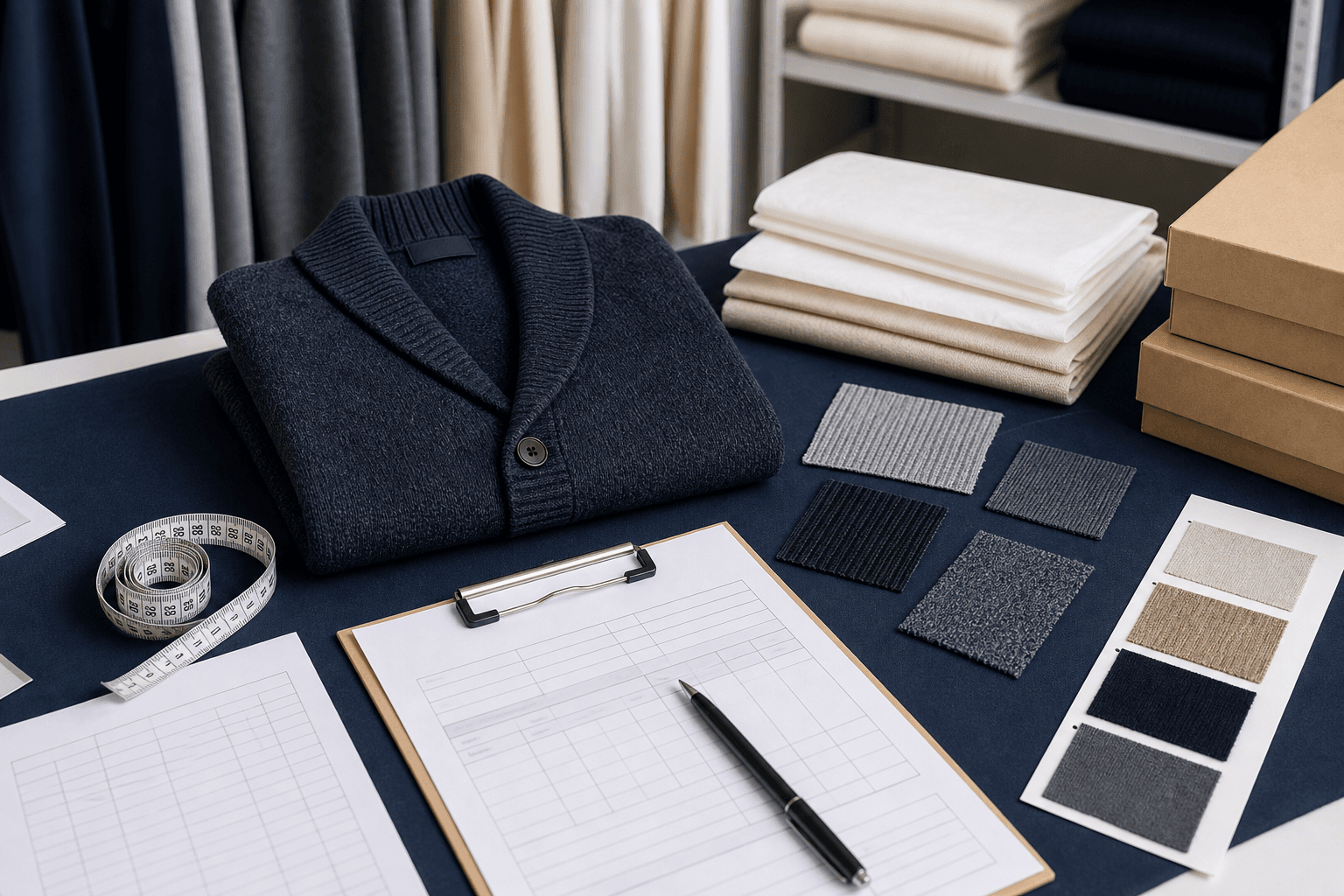 Structured retail quality control scene for B2B knitwear production.