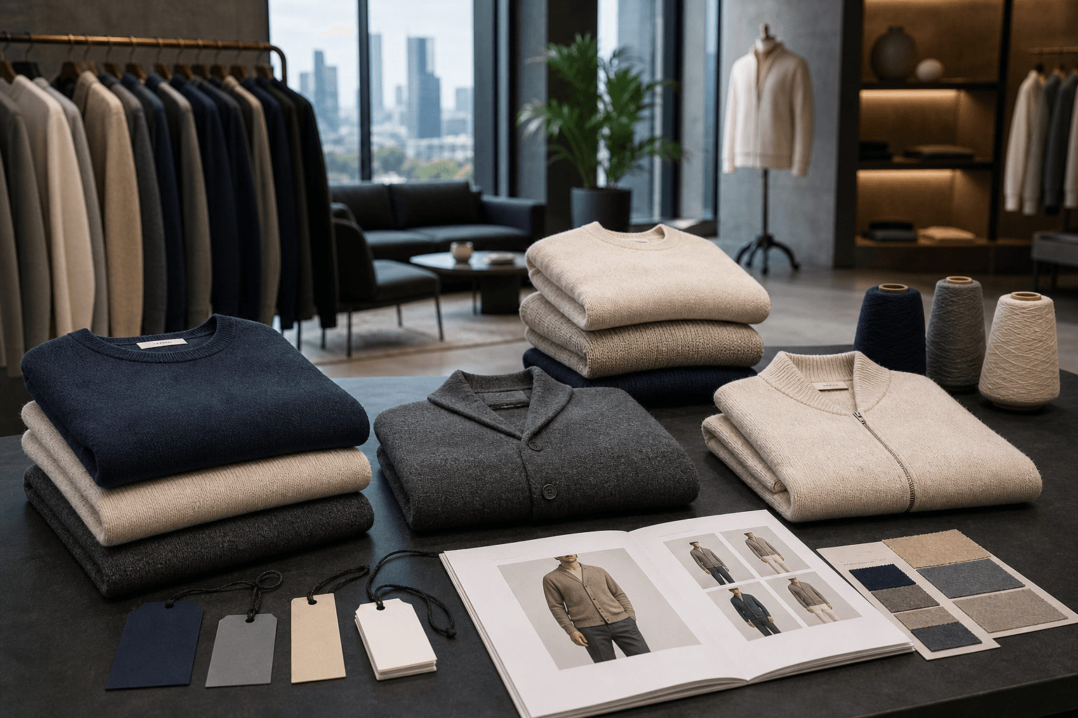 Urban casual knitwear replenishment scene for B2B private label buyers.