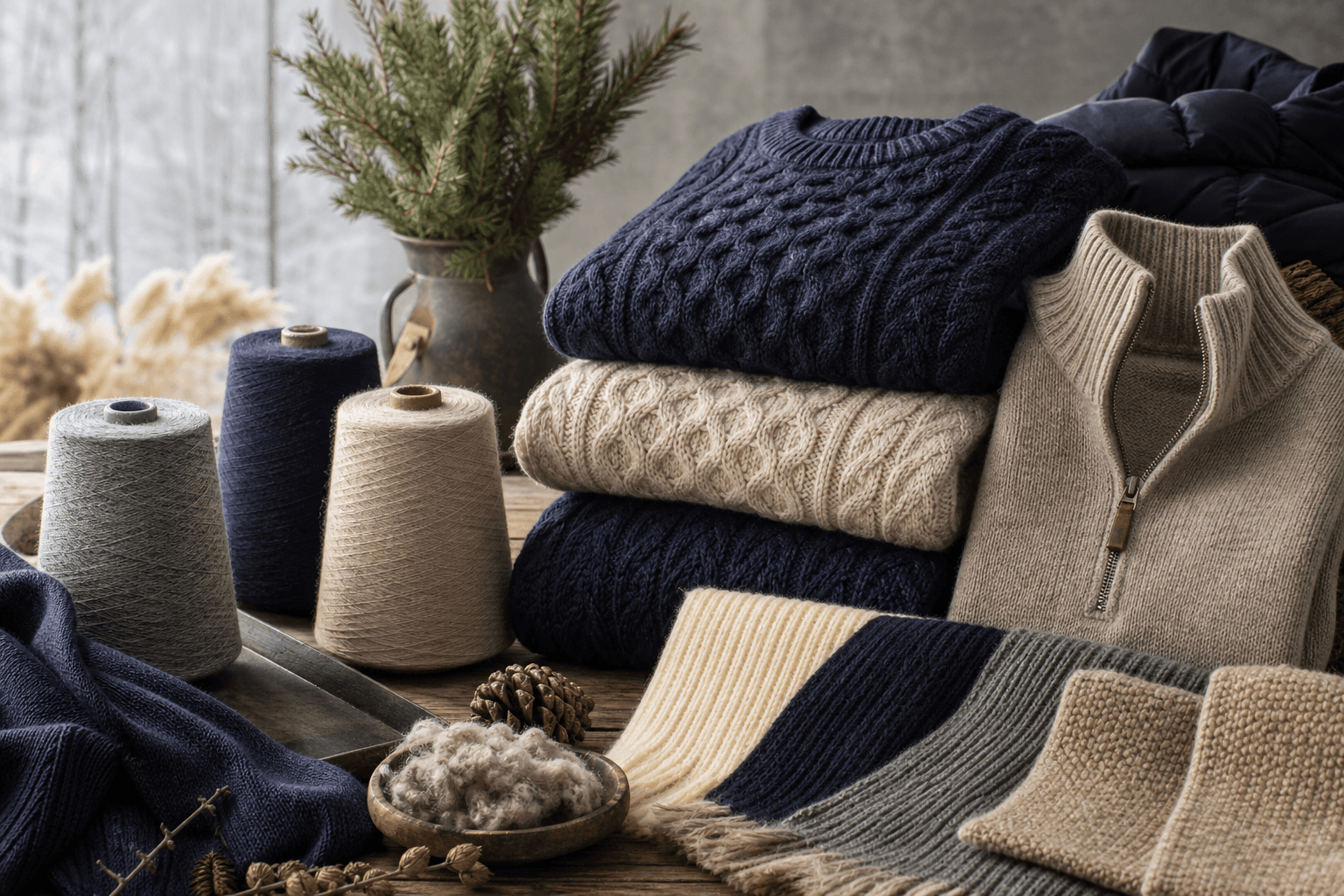 Cold weather knitwear layering scene with wool blend sweaters and outdoor styling.