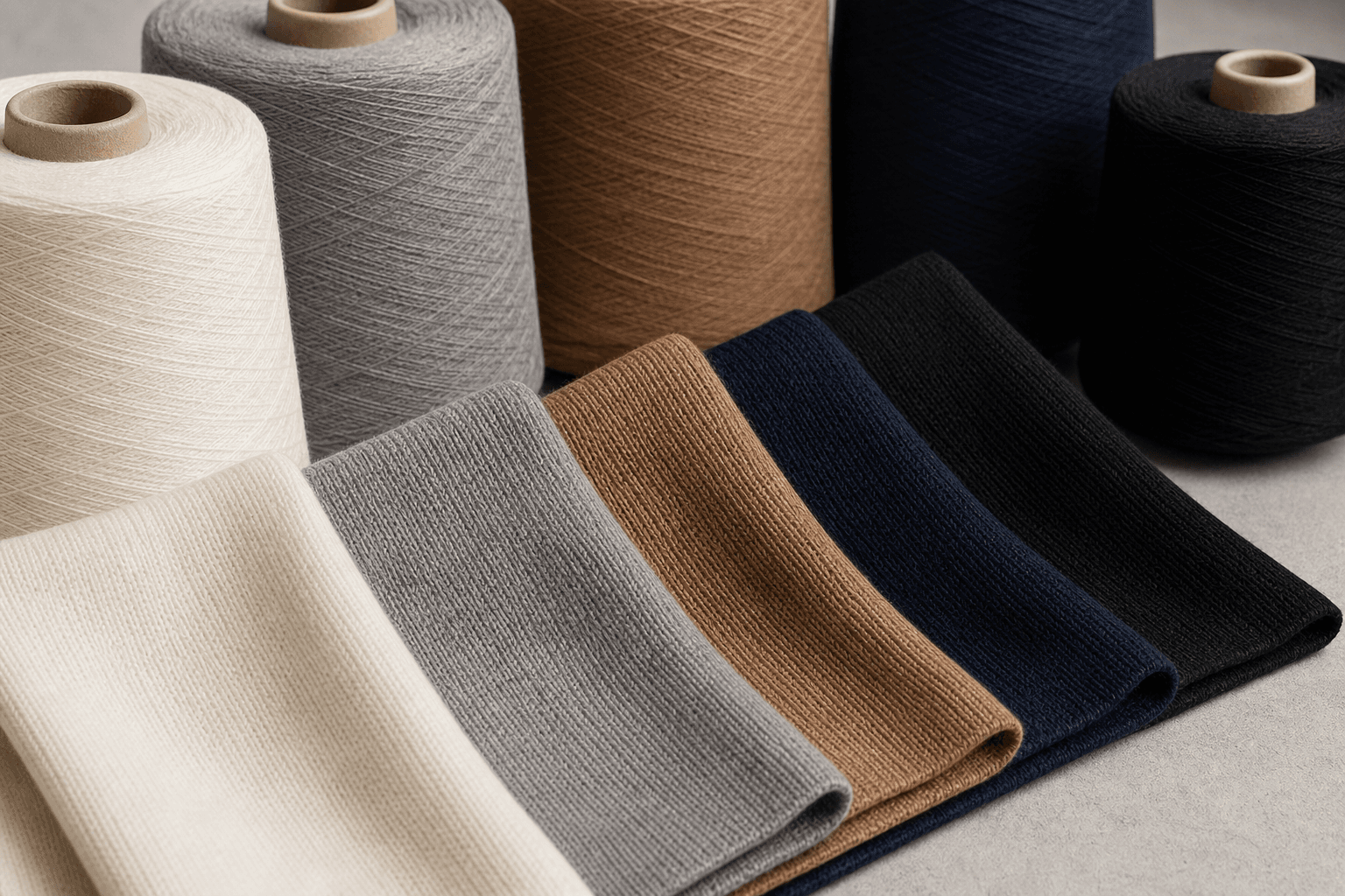 Acrylic blend yarn cones and practical knit swatches with smooth durable commercial texture.