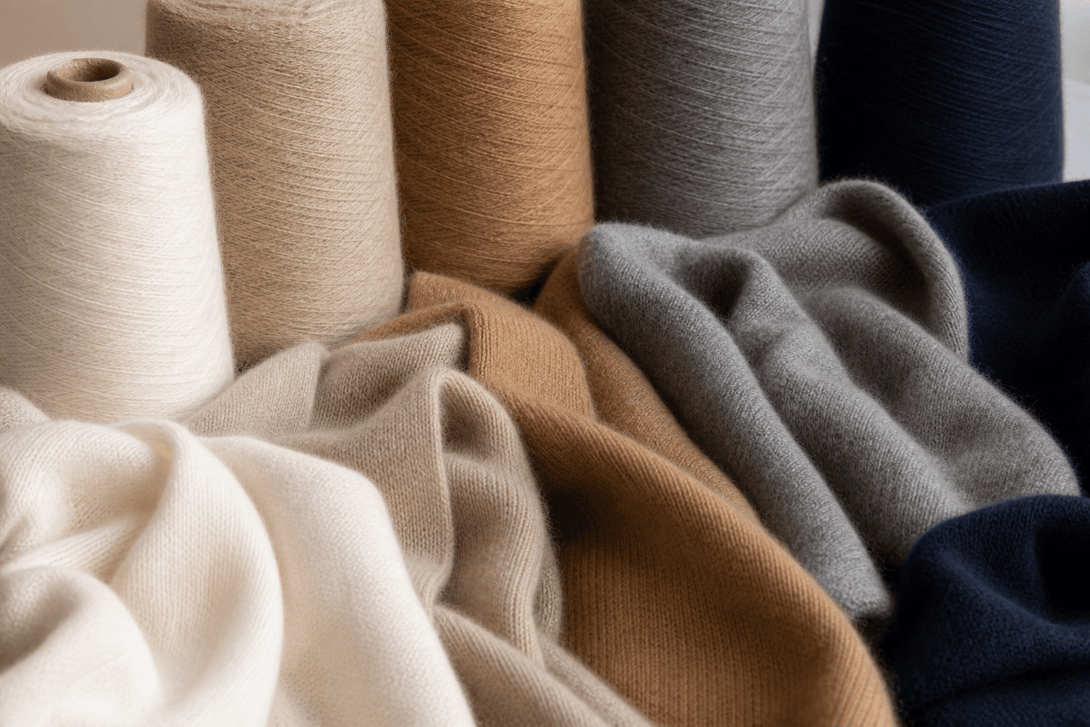 Cashmere blend yarn and plush brushed knit swatches with soft luxury handfeel.