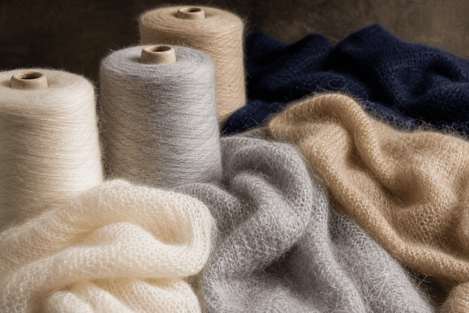 Mohair and alpaca blend yarn with fuzzy brushed knit swatches and soft fiber halo.