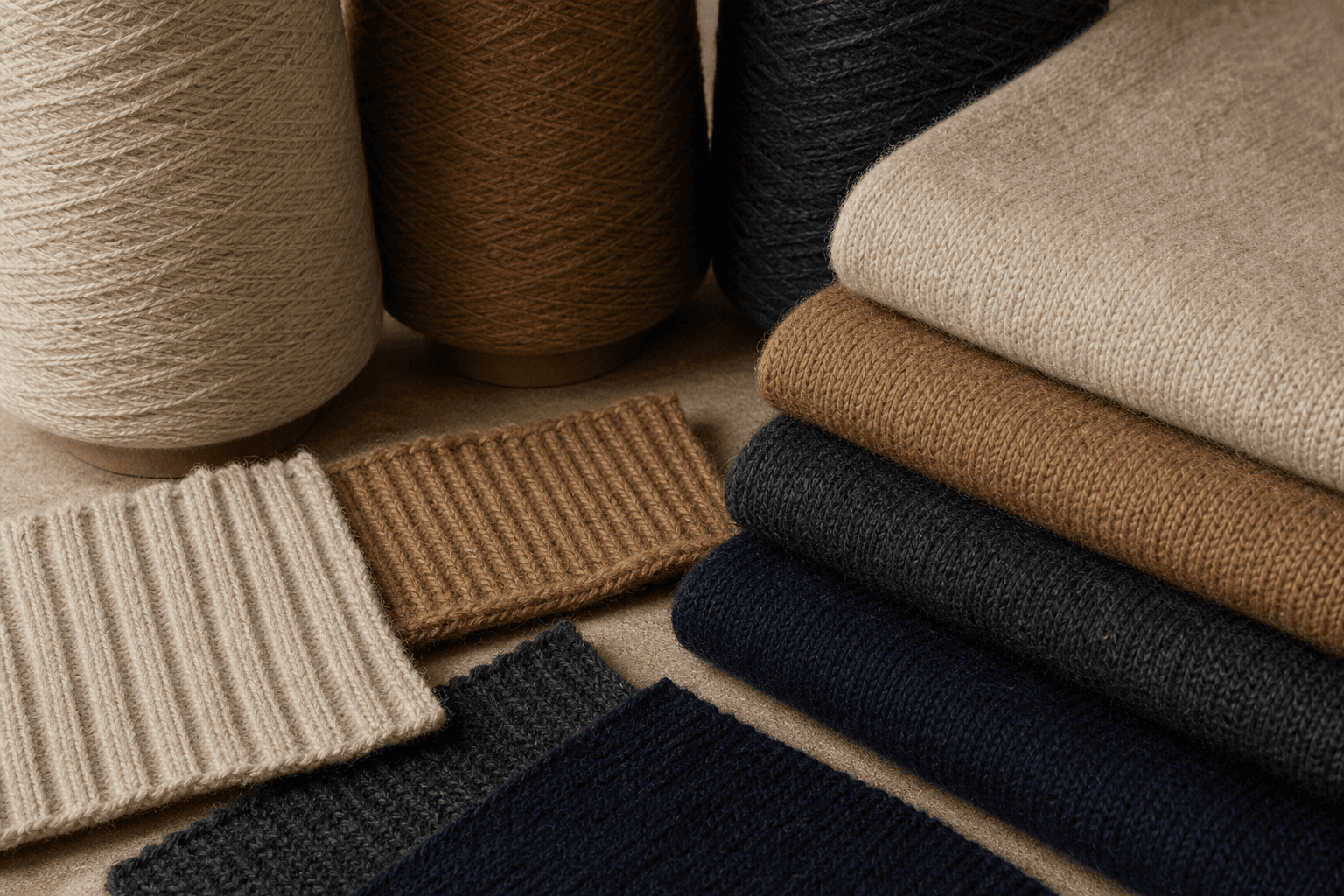 Wool blend yarn cones and warm knit swatches with medium-weight autumn winter texture.