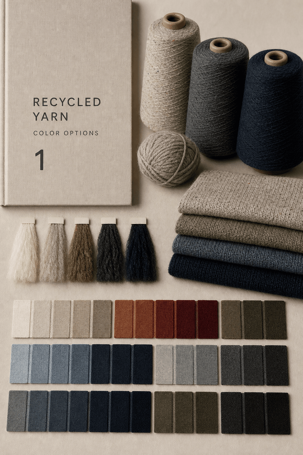Recycled yarn colour options catalogue cover with sustainable knit swatches and yarn cones