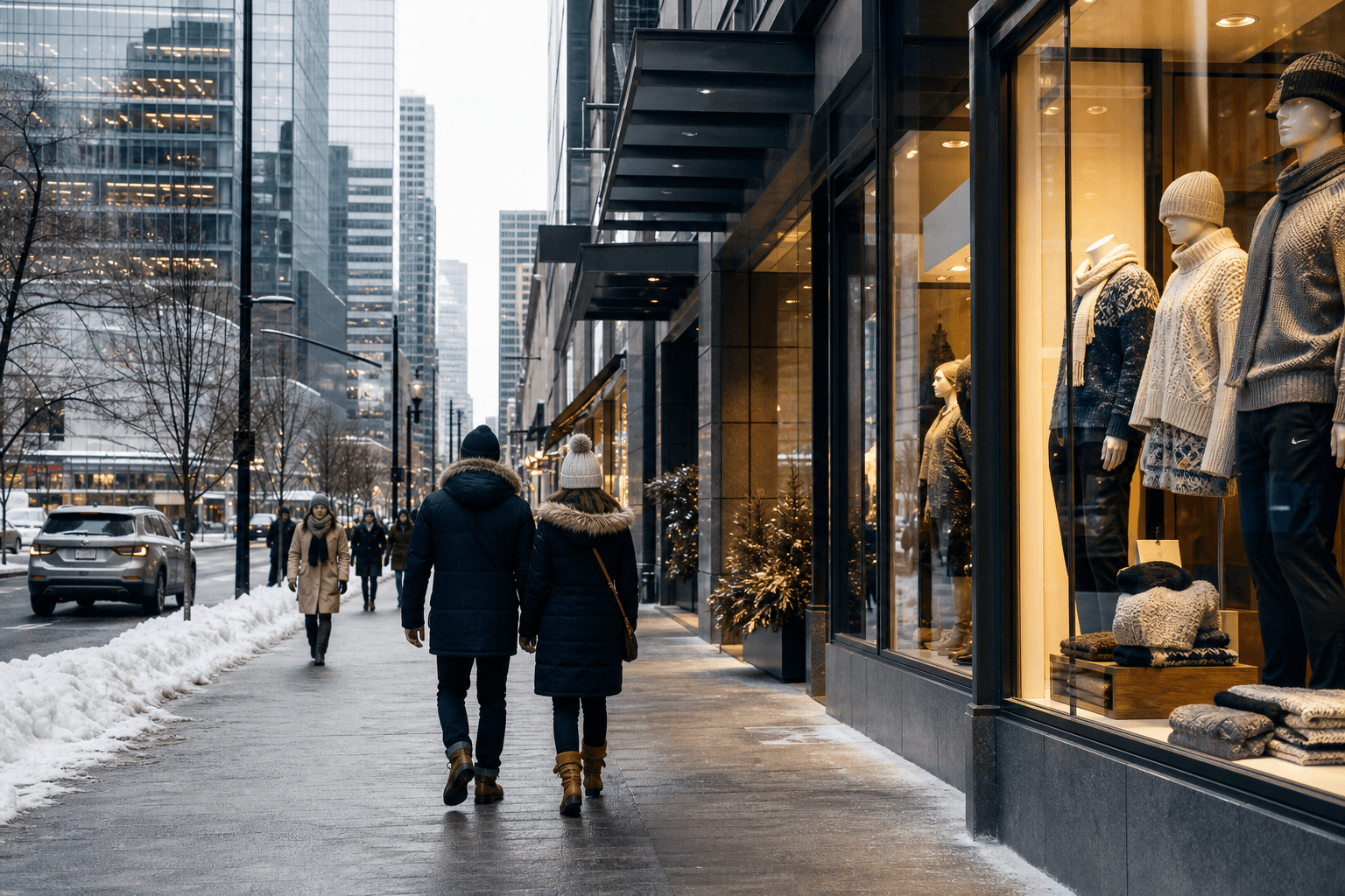 Modern Canadian winter commercial district for knitwear export market experience.