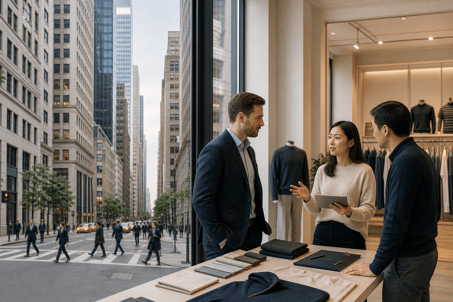 Modern USA commercial district and apparel showroom mood for export market experience.