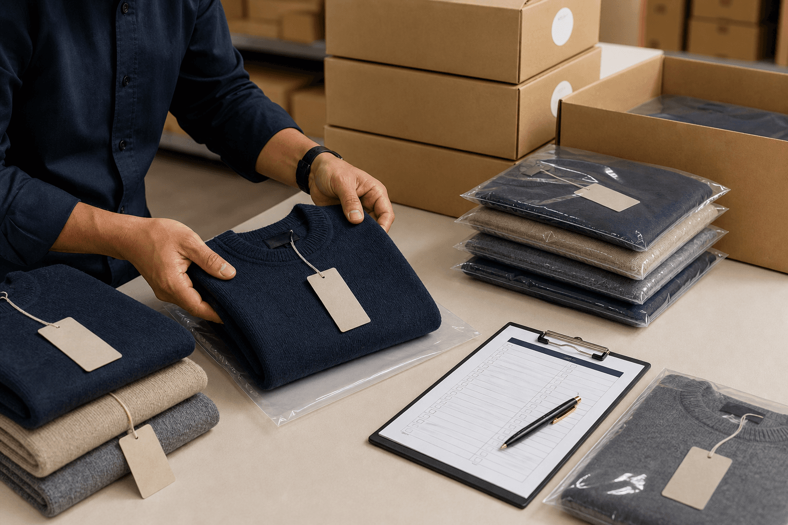 Folded knitwear, blank hangtags, polybags and cartons for final packing check.