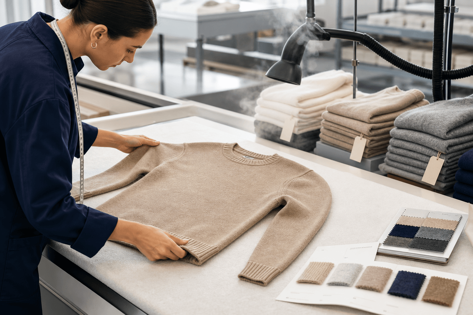 Finished knitwear samples on a clean steaming and finishing table.