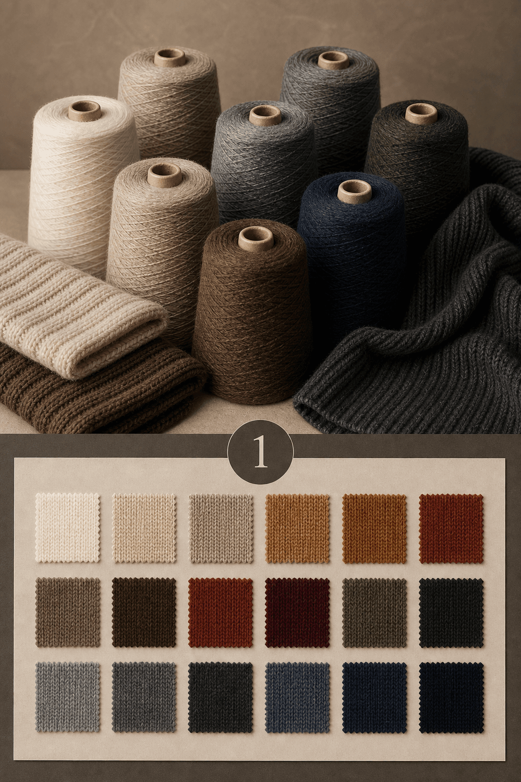 Wool blend yarn colour options catalogue cover with warm knit swatches and yarn cones