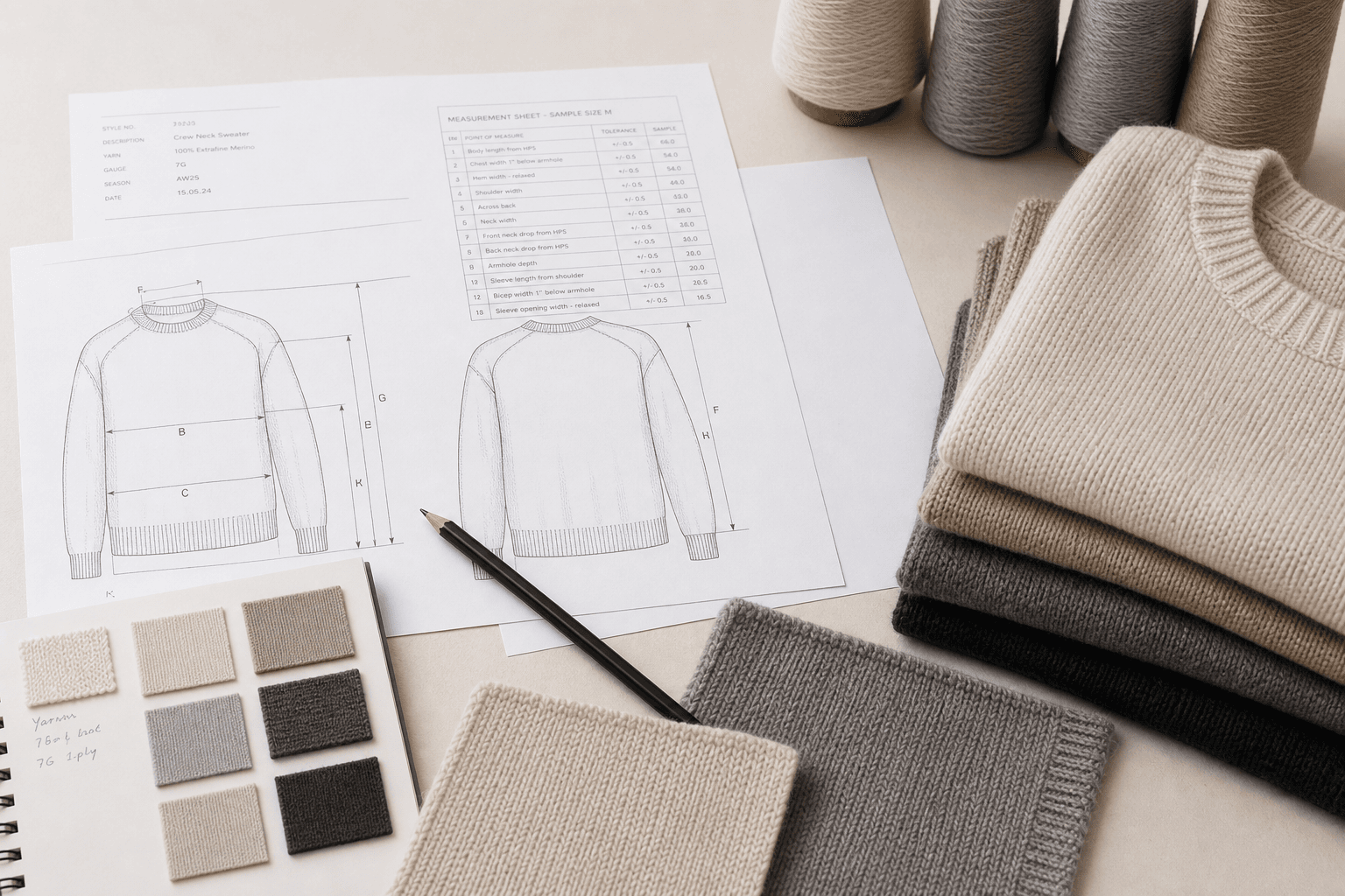 Knitwear design development workspace with sketches, color swatches and garment sample