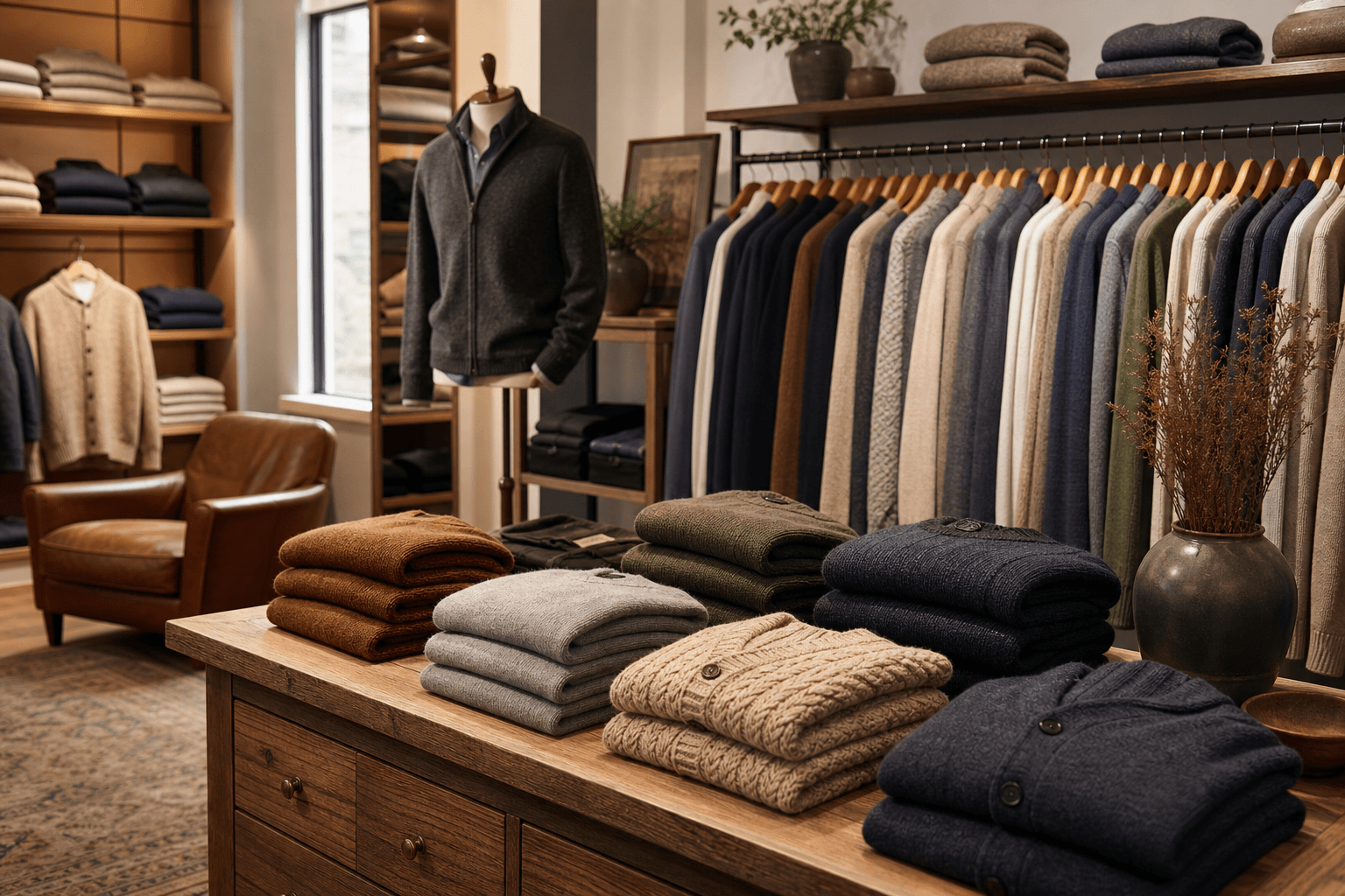 Boutique lifestyle knitwear display scene.