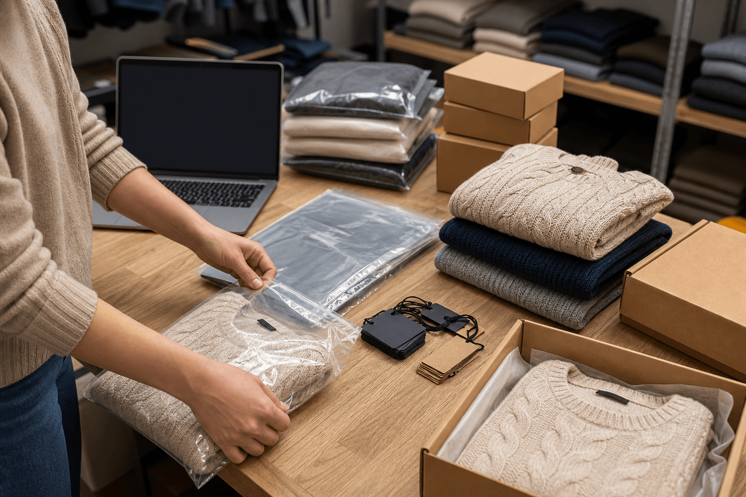 E-commerce knitwear packing and product preparation scene.