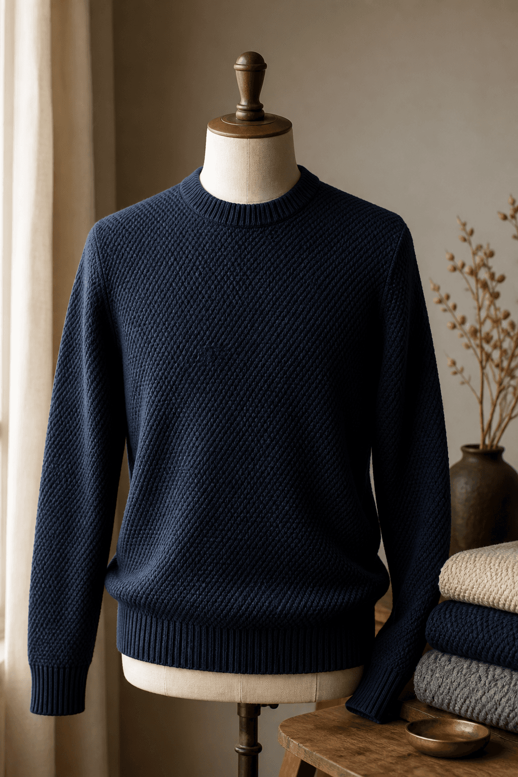 Men's Cotton Textured Knit Sweater lifestyle scene image for B2B knitwear sourcing.