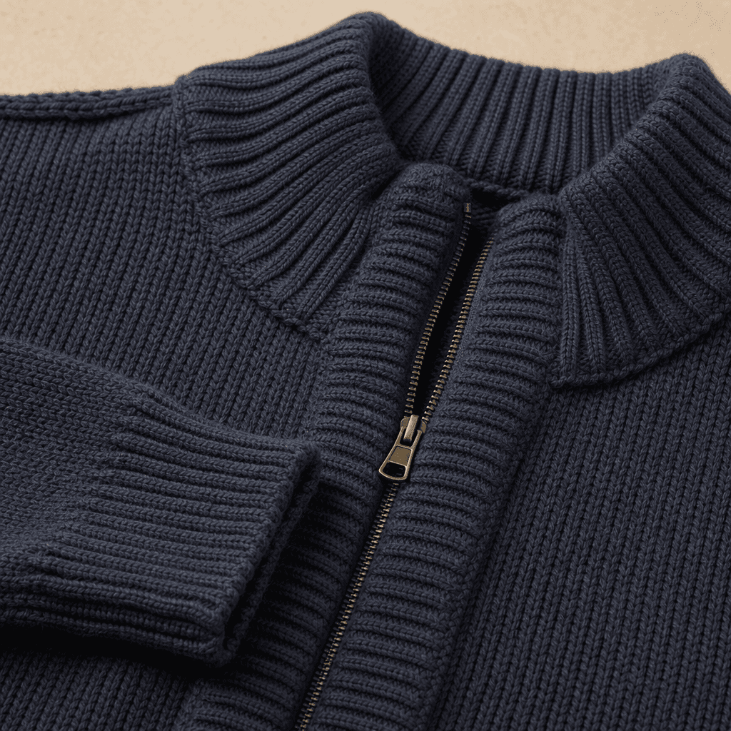 Men's Full Zip Knit Cardigan knit texture and construction detail image.