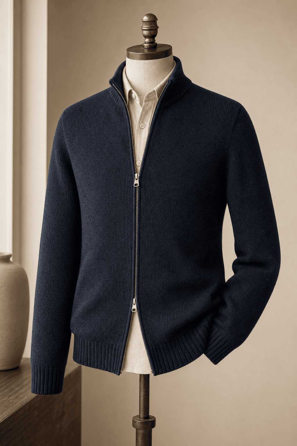 Clean cardigan direction for European knitwear buyers.