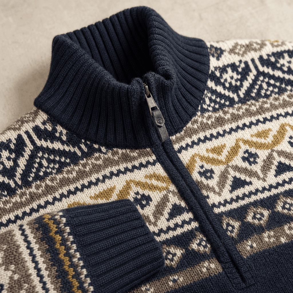 Men's Jacquard Knit Sweater knit texture and construction detail image.