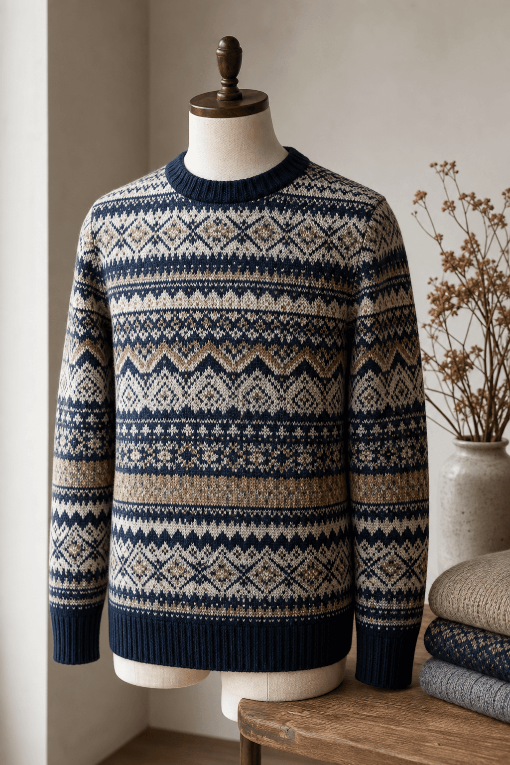 Men's Jacquard Knit Sweater lifestyle scene image for B2B knitwear sourcing.