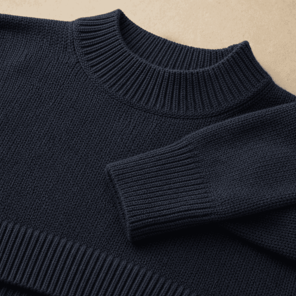 Men's Minimal Mock Neck Knit Sweater knit texture and construction detail image.
