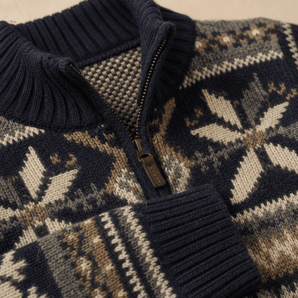 Men's Nordic Jacquard Knit Sweater knit texture and construction detail image.