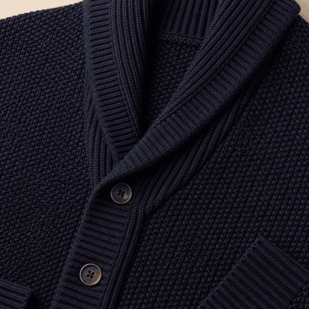 Men's Shawl Collar Cardigan knit texture and construction detail image.