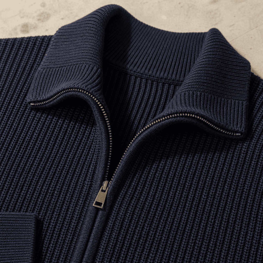Men's Zip Collar Knit Jacket knit texture and construction detail image.