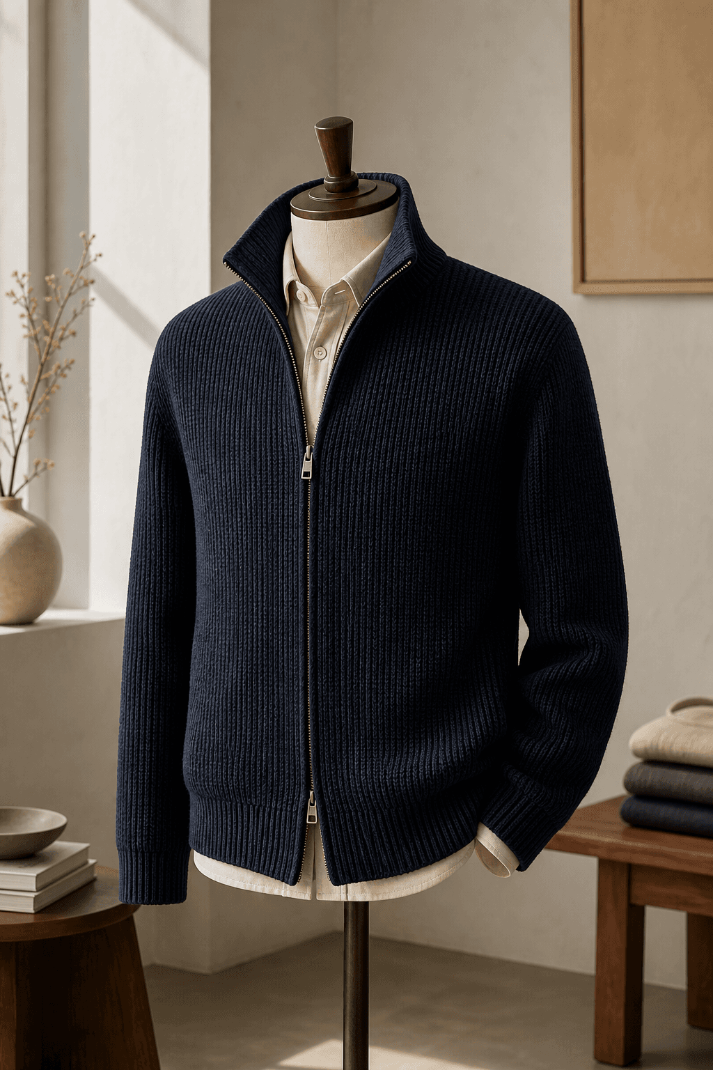 Men's Zip Collar Knit Jacket lifestyle scene image for B2B knitwear sourcing.