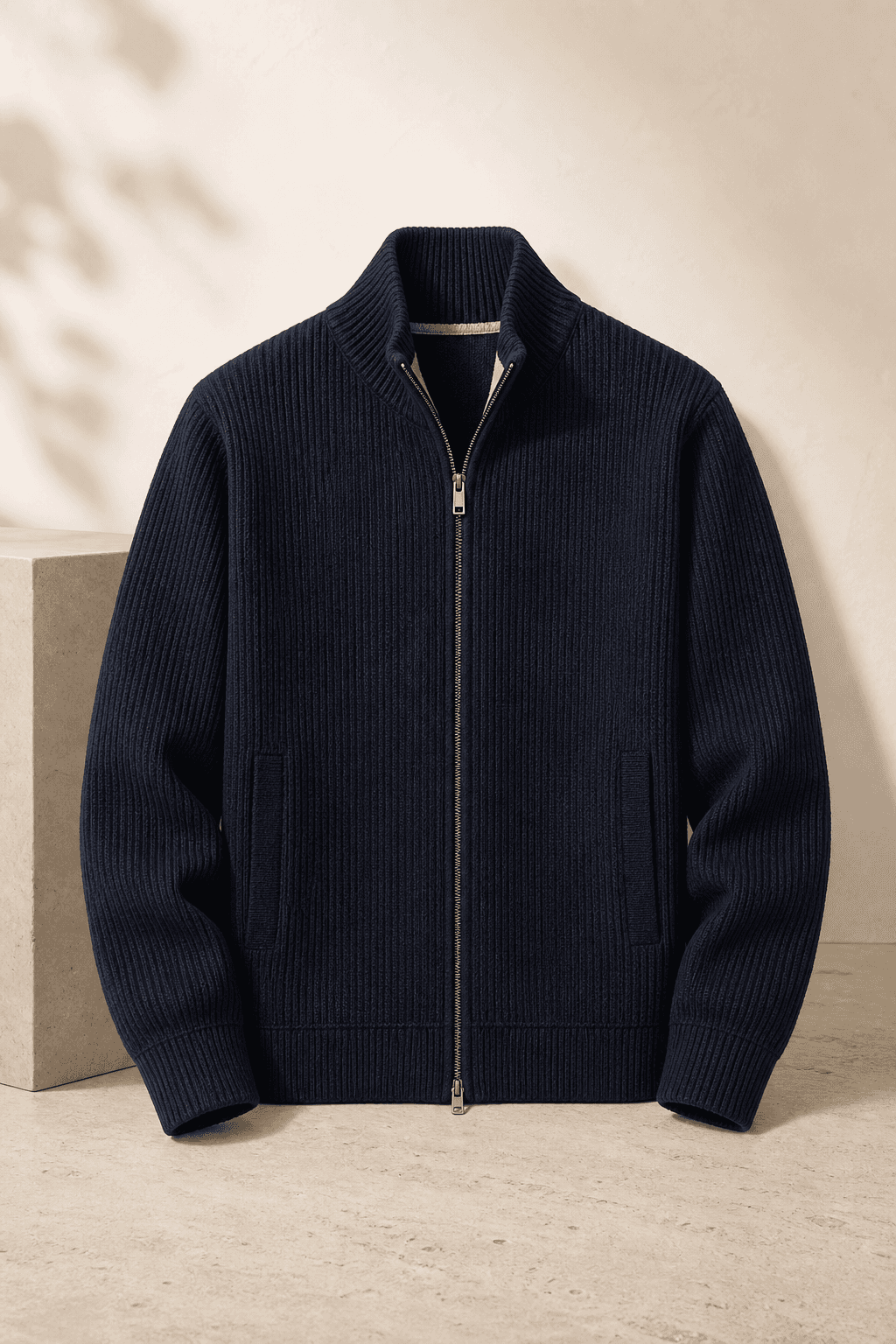 Men's Zip Collar Knit Jacket main product image for B2B knitwear sourcing.