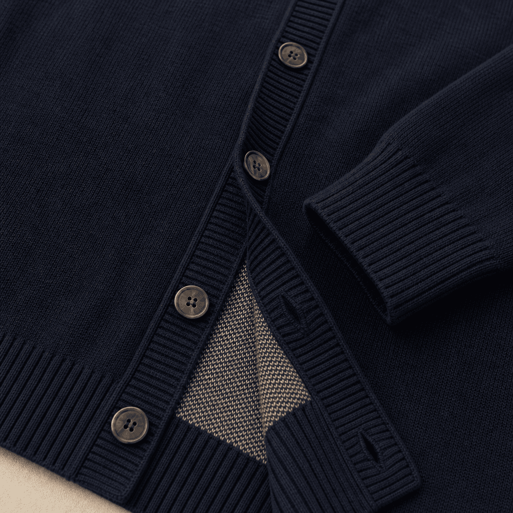 Private Label Men's Cardigan knit texture and construction detail image.