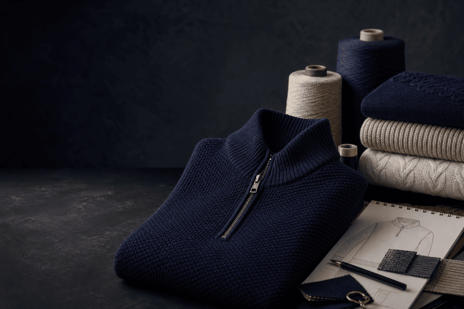 Dark premium knitwear quotation CTA visual for product buyers.