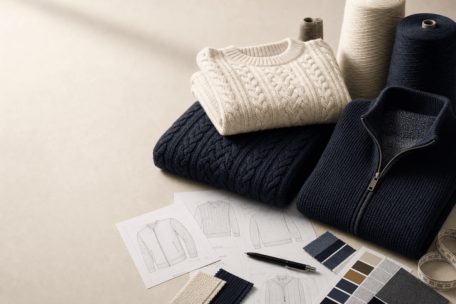Knitwear FAQ hero with folded sweaters and buyer guide materials.